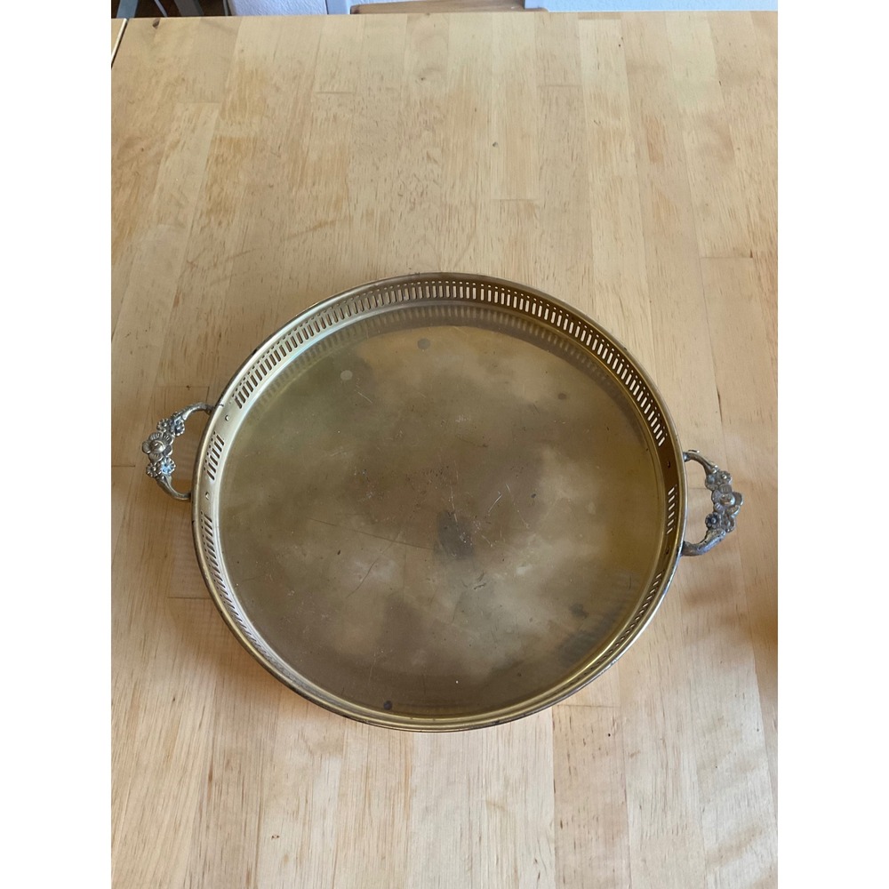 Vintage Round Brass Gallery Tray Pierced Rail Ornate Floral Handles 12 Inch